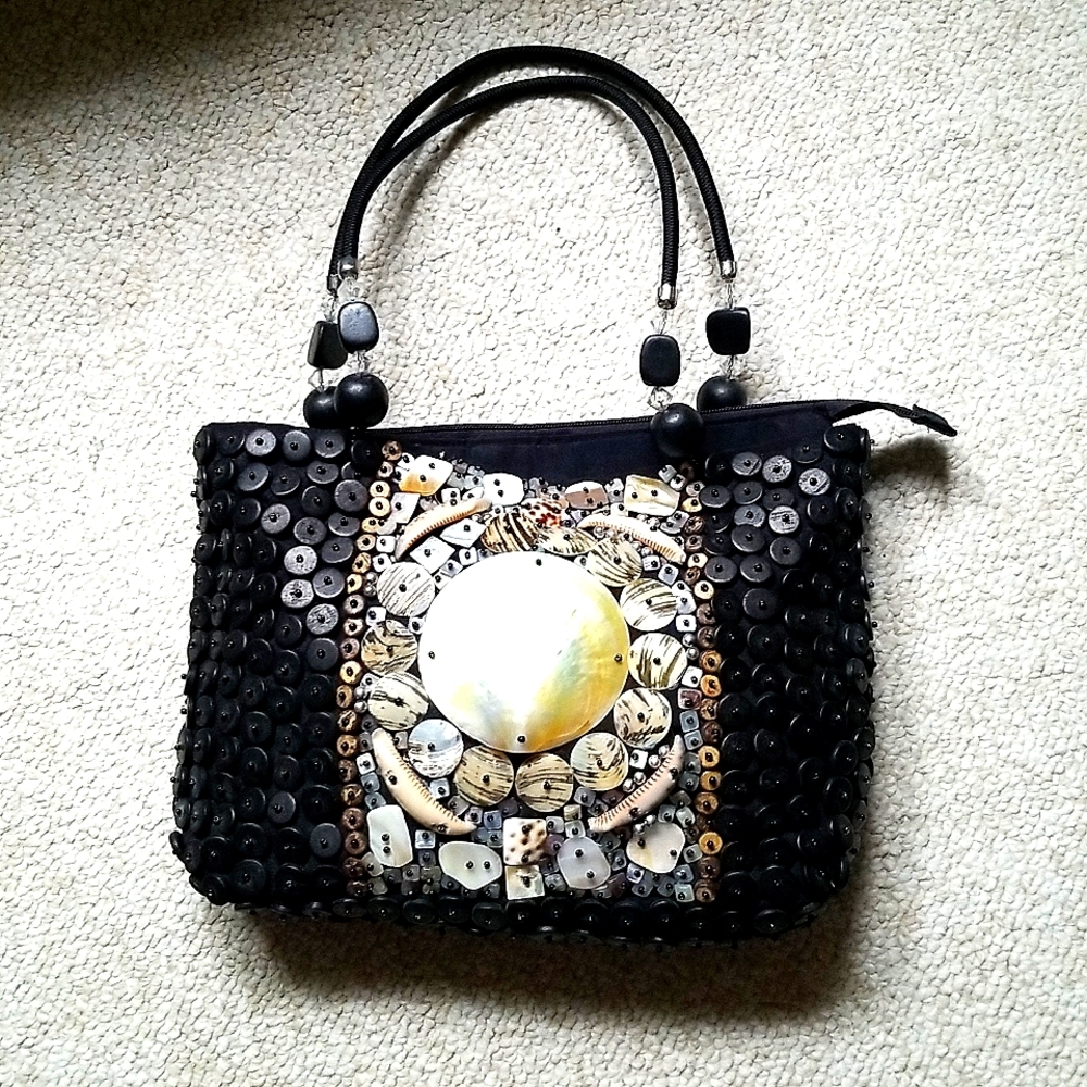 Vintage 90's Cruise Black Shell Handbag, Purse with crystal-like beads on handle